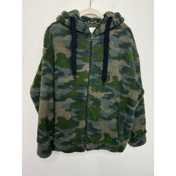 Aerie OFFLINE XS Sherpa Hooded Camo Jacket Green Zip Up Teddy Pockets Fuzzy NWOT - Picture 1 of 14
